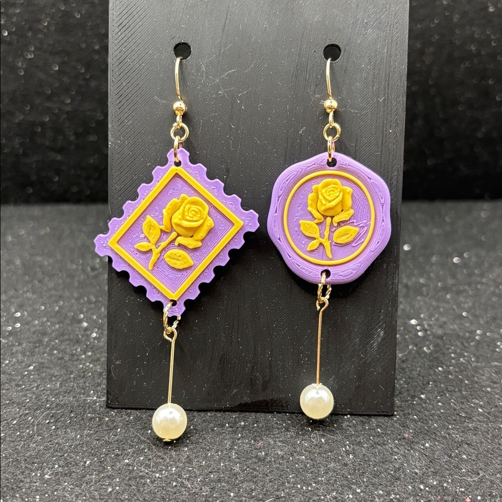 Purple Postage Stamp Rose Dangle Earrings with Pearl Drop